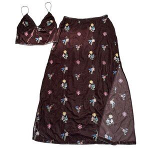Free People Sz M Sonja Skirt Tank Set Maxi Brown Velvet Floral Boho Festival New